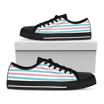 Pink And Teal Striped Pattern Print Black Low Top Shoes