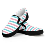 Pink And Teal Striped Pattern Print Black Slip On Shoes