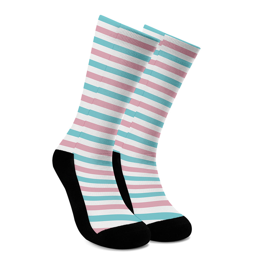 Pink And Teal Striped Pattern Print Crew Socks