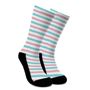 Pink And Teal Striped Pattern Print Crew Socks