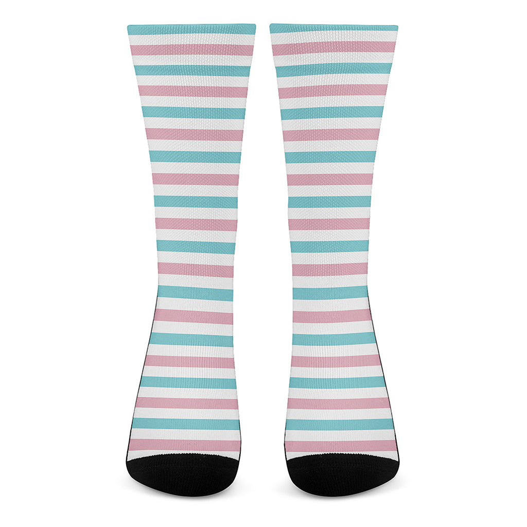 Pink And Teal Striped Pattern Print Crew Socks