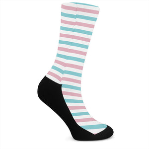 Pink And Teal Striped Pattern Print Crew Socks