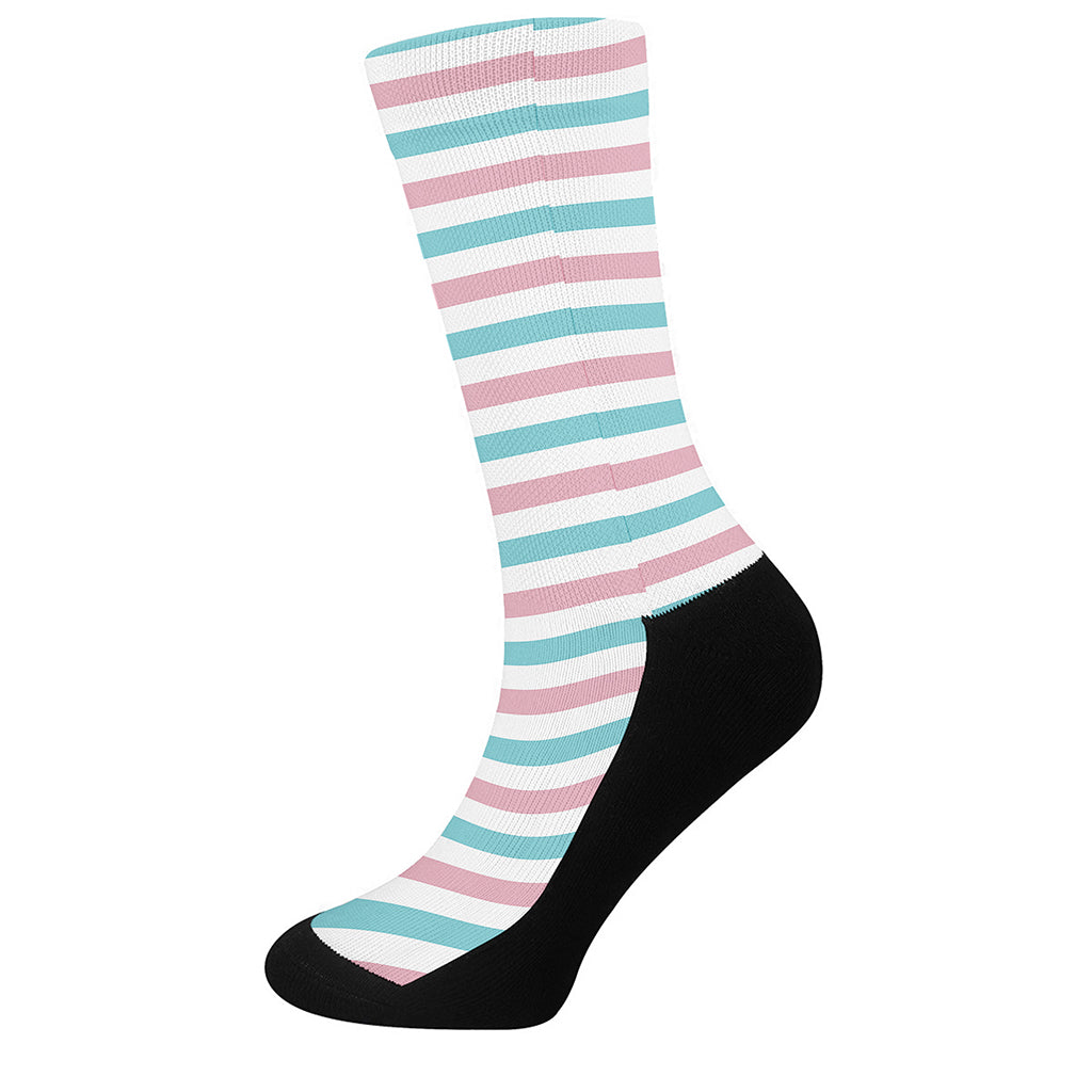 Pink And Teal Striped Pattern Print Crew Socks