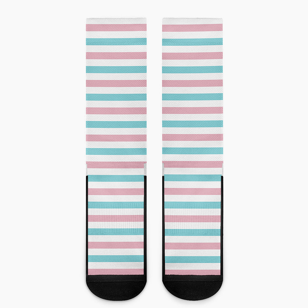 Pink And Teal Striped Pattern Print Crew Socks