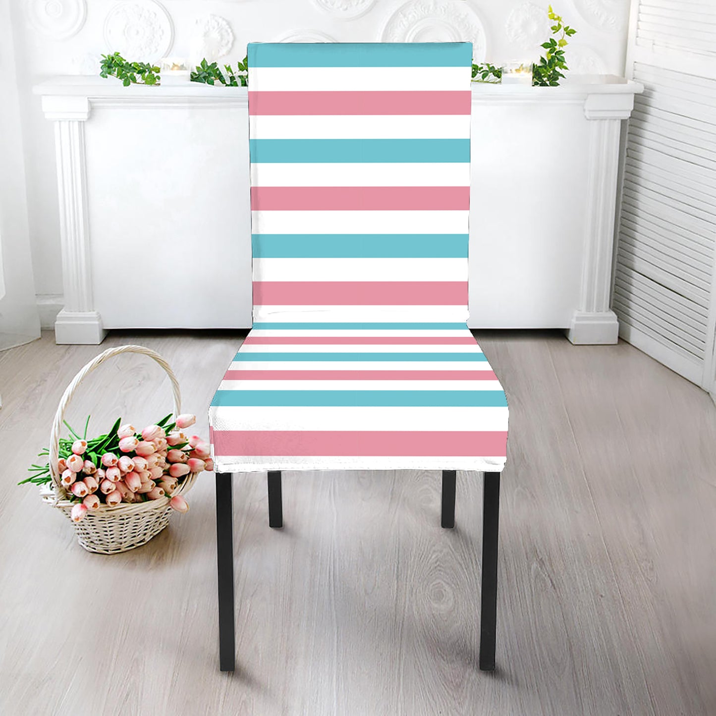 Pink And Teal Striped Pattern Print Dining Chair Slipcover