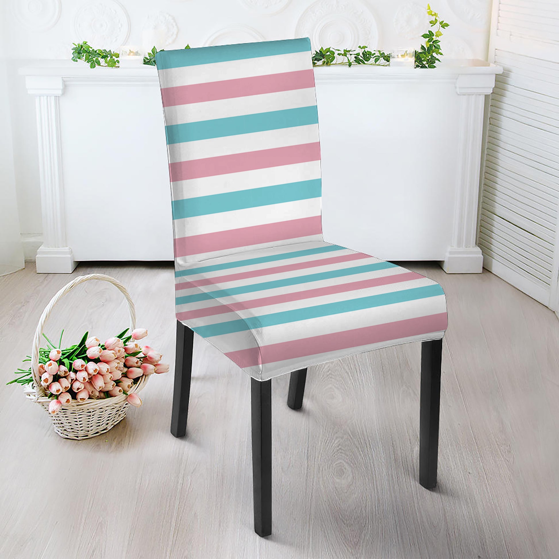 Pink And Teal Striped Pattern Print Dining Chair Slipcover