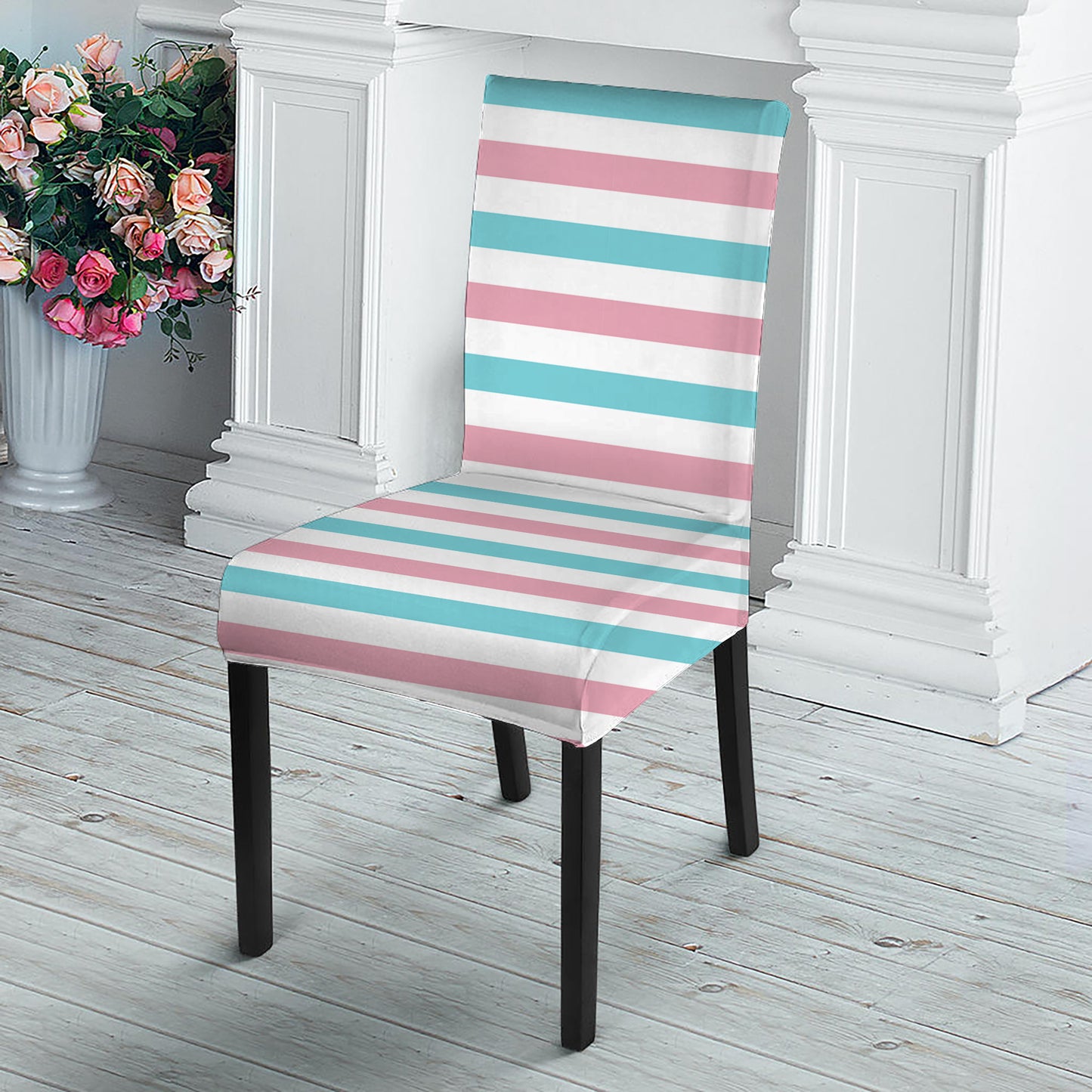 Pink And Teal Striped Pattern Print Dining Chair Slipcover