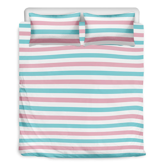 Pink And Teal Striped Pattern Print Duvet Cover Bedding Set