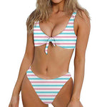 Pink And Teal Striped Pattern Print Front Bow Tie Bikini