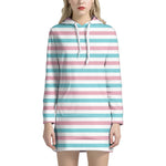 Pink And Teal Striped Pattern Print Hoodie Dress