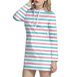 Pink And Teal Striped Pattern Print Hoodie Dress