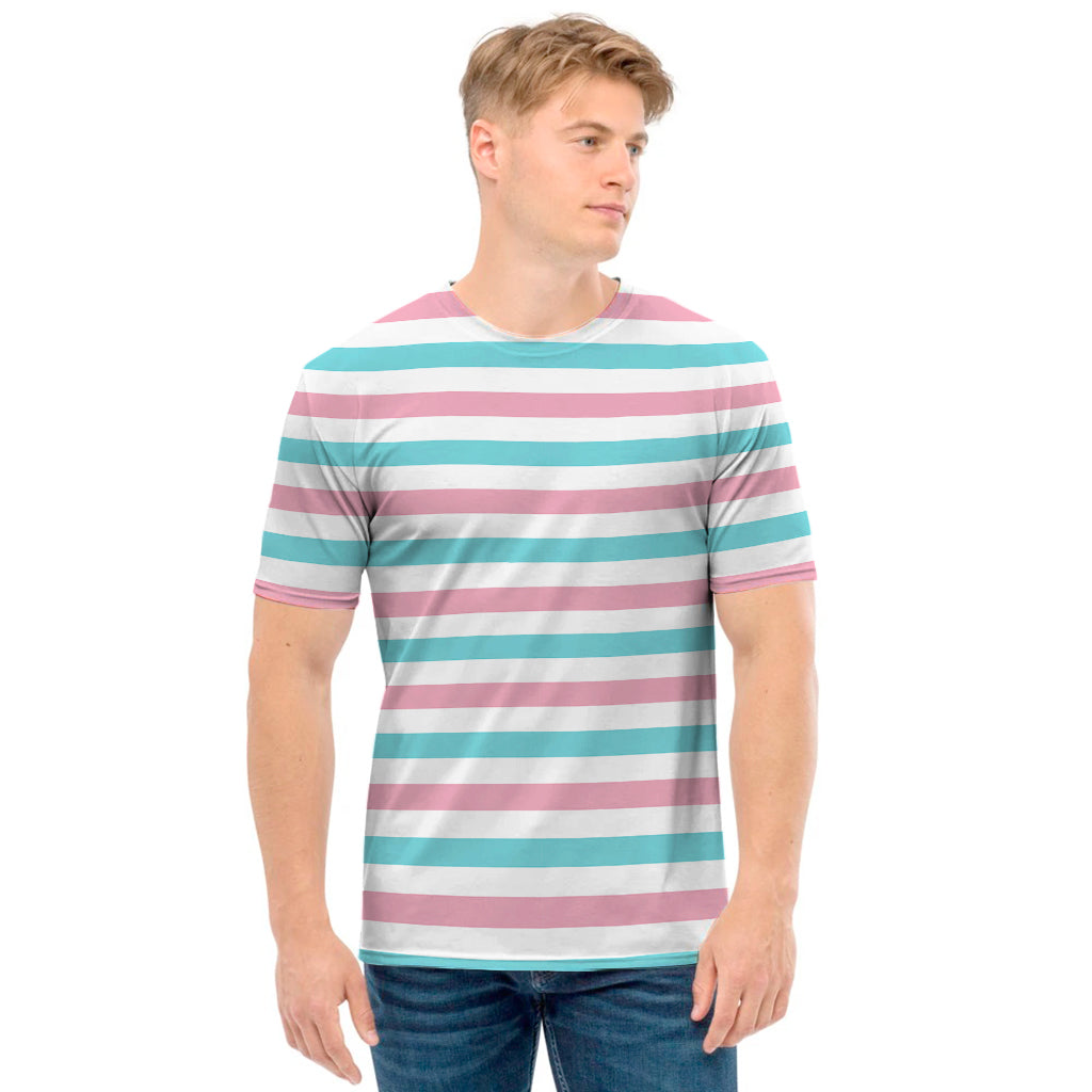 Pink And Teal Striped Pattern Print Men's T-Shirt
