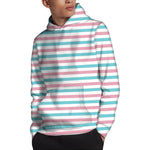 Pink And Teal Striped Pattern Print Pullover Hoodie