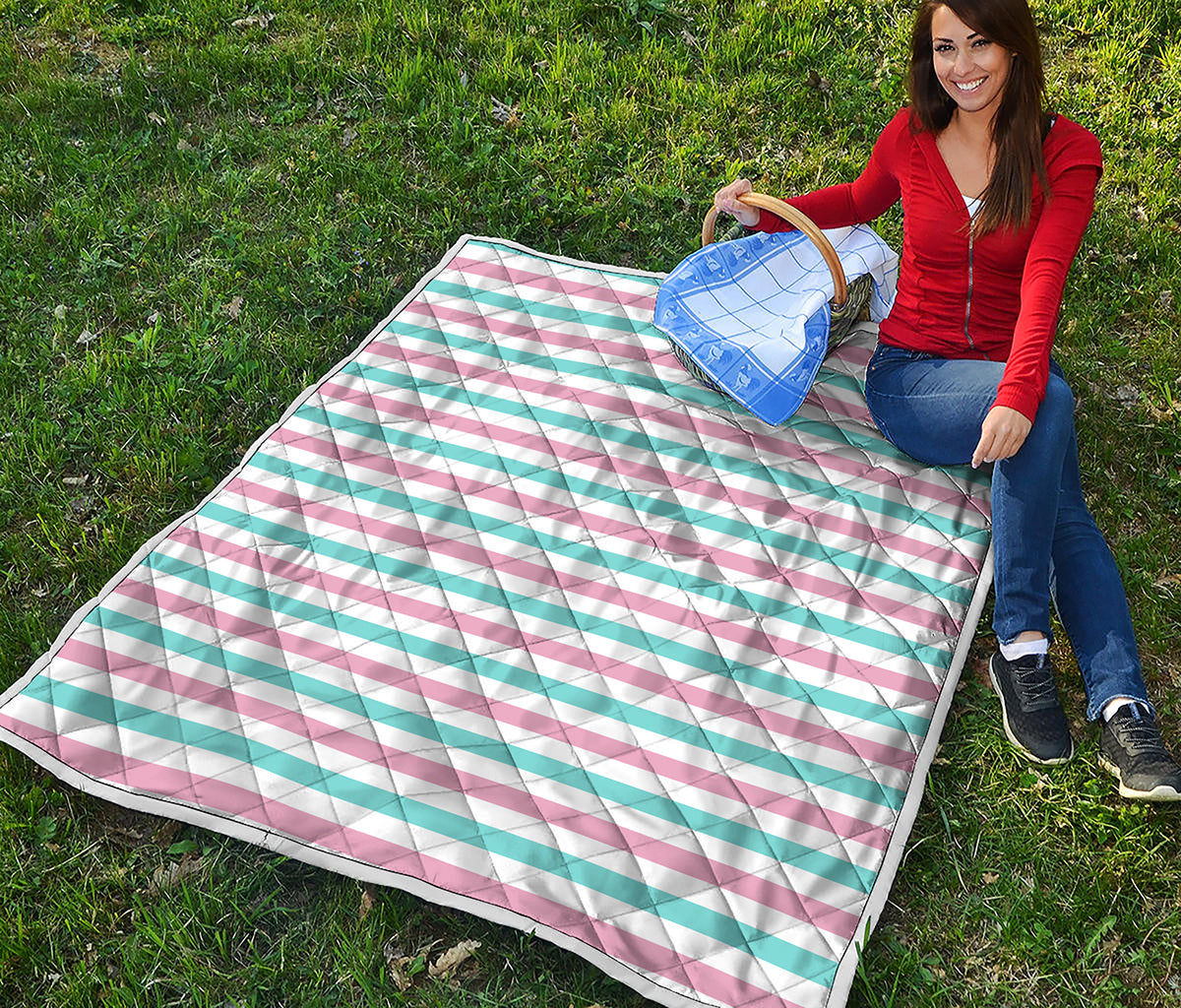 Pink And Teal Striped Pattern Print Quilt