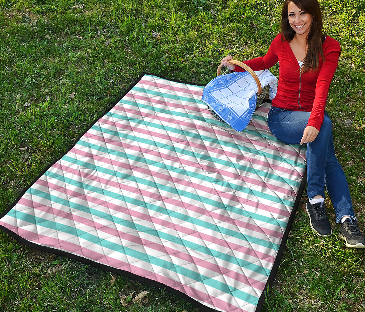 Pink And Teal Striped Pattern Print Quilt