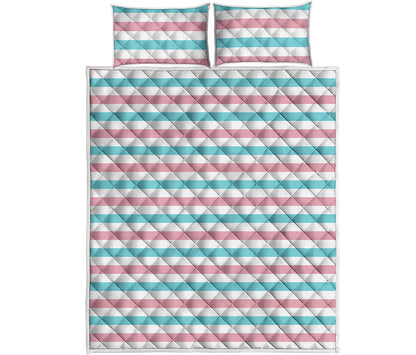 Pink And Teal Striped Pattern Print Quilt Bed Set
