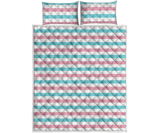 Pink And Teal Striped Pattern Print Quilt Bed Set