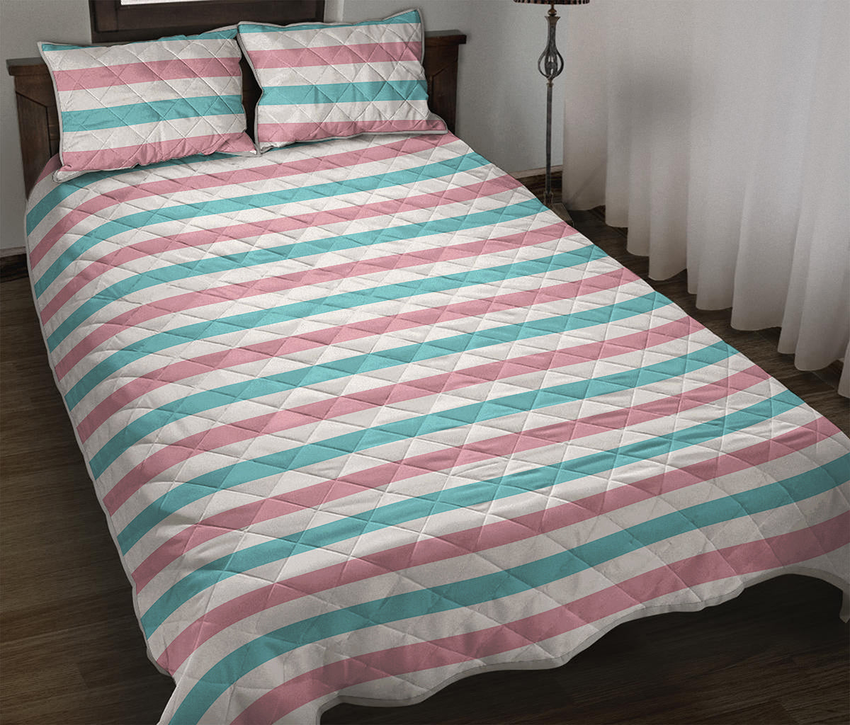 Pink And Teal Striped Pattern Print Quilt Bed Set