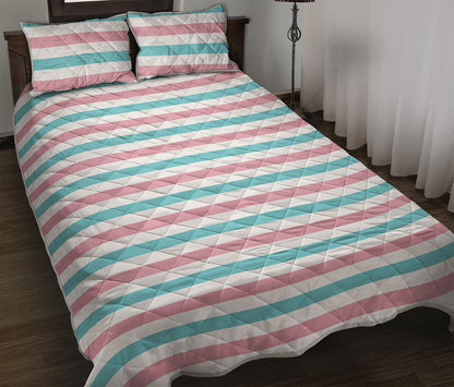 Pink And Teal Striped Pattern Print Quilt Bed Set