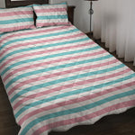 Pink And Teal Striped Pattern Print Quilt Bed Set