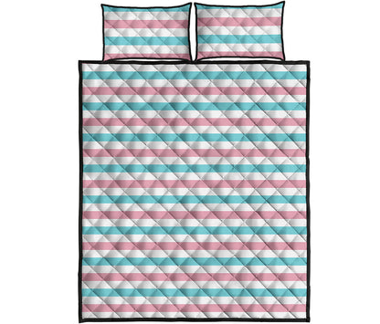 Pink And Teal Striped Pattern Print Quilt Bed Set
