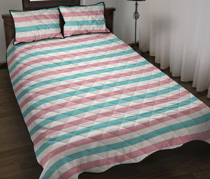 Pink And Teal Striped Pattern Print Quilt Bed Set