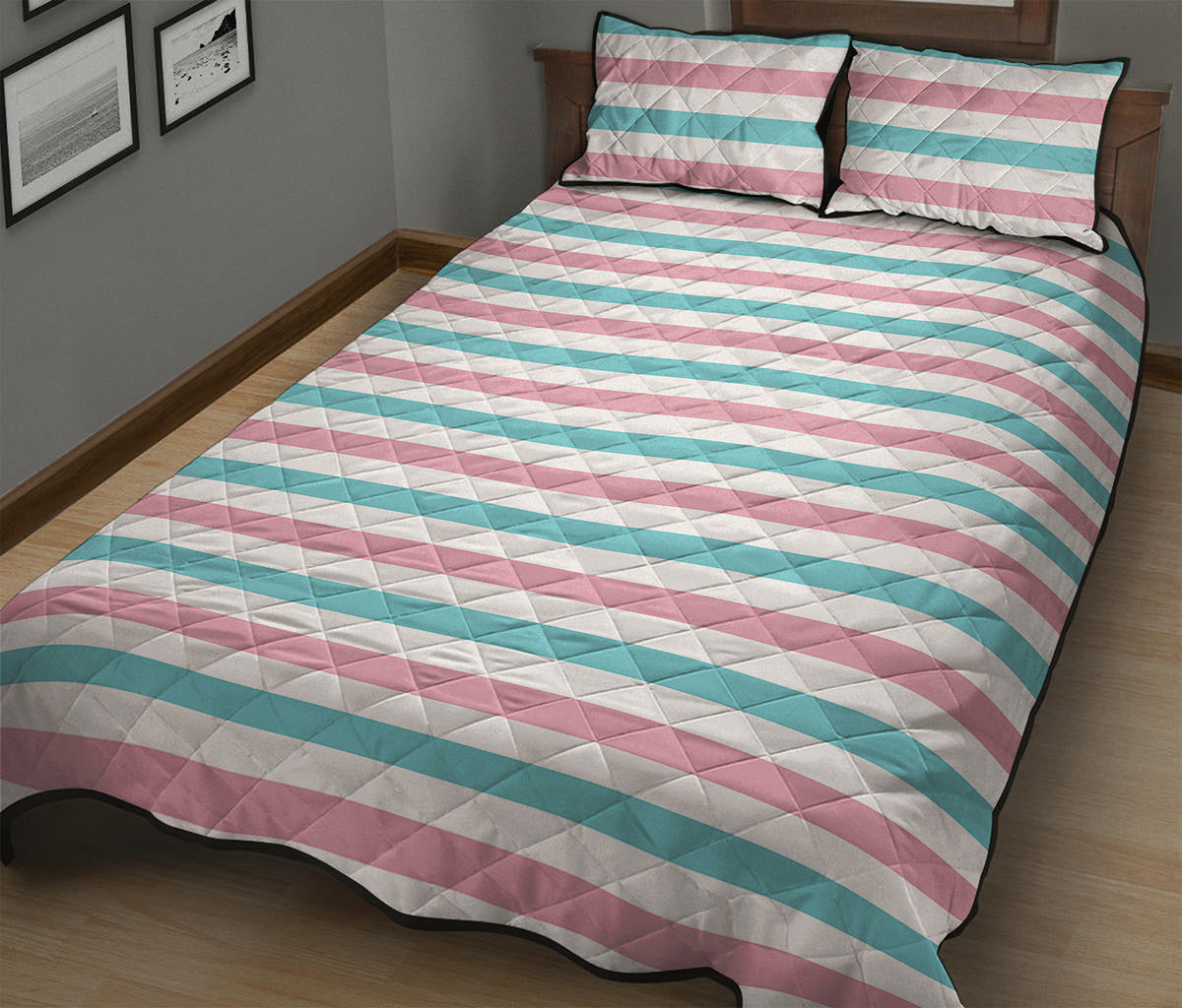 Pink And Teal Striped Pattern Print Quilt Bed Set