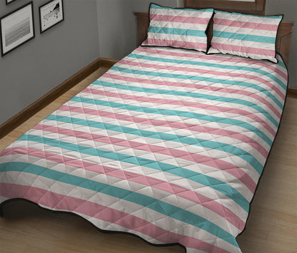 Pink And Teal Striped Pattern Print Quilt Bed Set