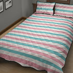 Pink And Teal Striped Pattern Print Quilt Bed Set