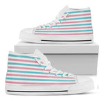 Pink And Teal Striped Pattern Print White High Top Shoes