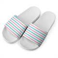 Pink And Teal Striped Pattern Print White Slide Sandals