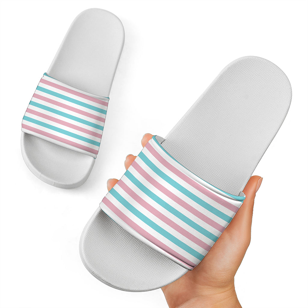 Pink And Teal Striped Pattern Print White Slide Sandals