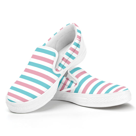Pink And Teal Striped Pattern Print White Slip On Shoes