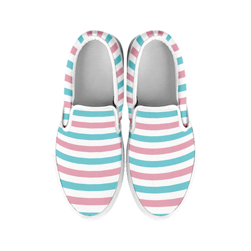 Pink And Teal Striped Pattern Print White Slip On Shoes
