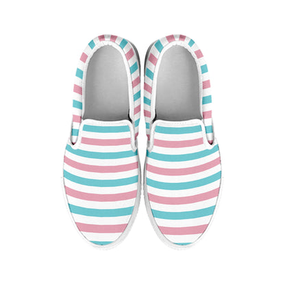 Pink And Teal Striped Pattern Print White Slip On Shoes