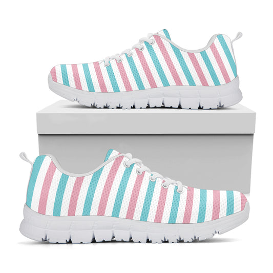 Pink And Teal Striped Pattern Print White Sneakers