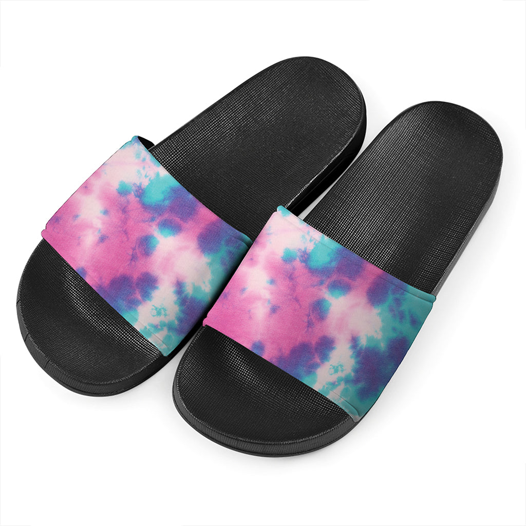 Pink And Teal Tie Dye Print Black Slide Sandals