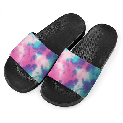 Pink And Teal Tie Dye Print Black Slide Sandals