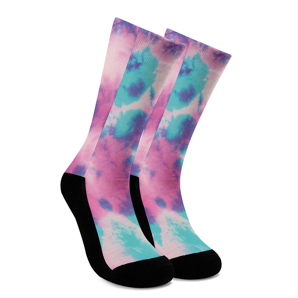 Pink And Teal Tie Dye Print Crew Socks