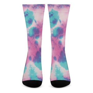 Pink And Teal Tie Dye Print Crew Socks