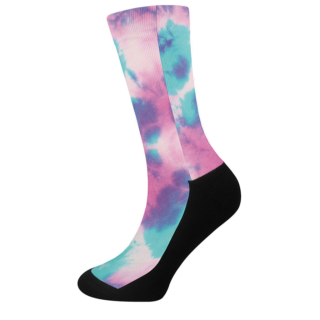 Pink And Teal Tie Dye Print Crew Socks