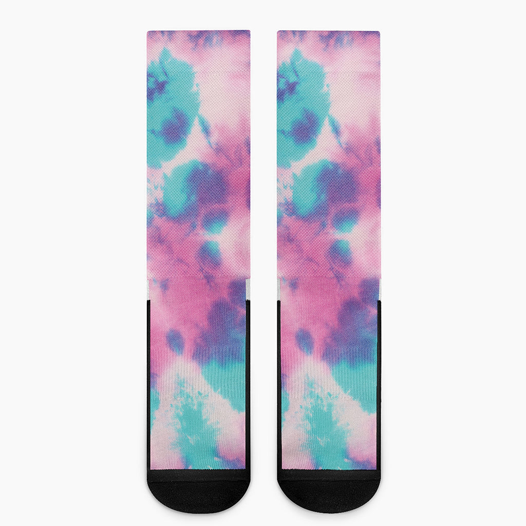 Pink And Teal Tie Dye Print Crew Socks