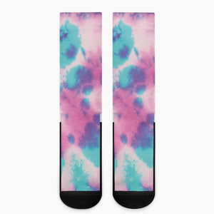 Pink And Teal Tie Dye Print Crew Socks