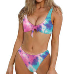 Pink And Teal Tie Dye Print Front Bow Tie Bikini