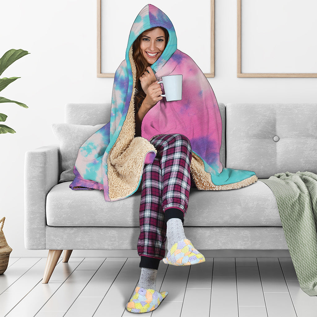 Pink And Teal Tie Dye Print Hooded Blanket
