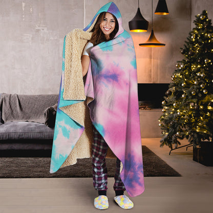 Pink And Teal Tie Dye Print Hooded Blanket
