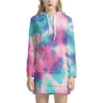 Pink And Teal Tie Dye Print Hoodie Dress