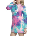 Pink And Teal Tie Dye Print Hoodie Dress