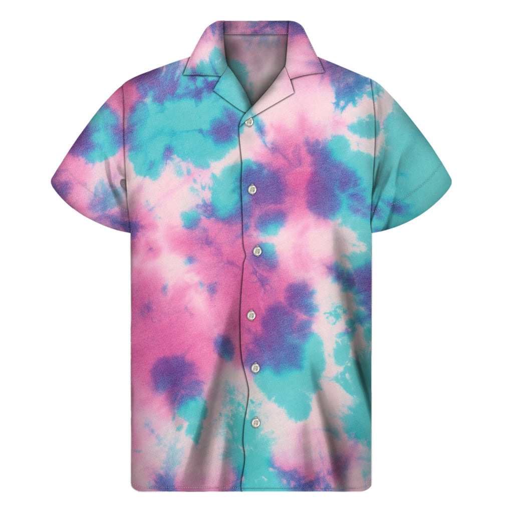 Pink And Teal Tie Dye Print Men's Short Sleeve Shirt