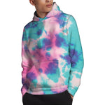 Pink And Teal Tie Dye Print Pullover Hoodie